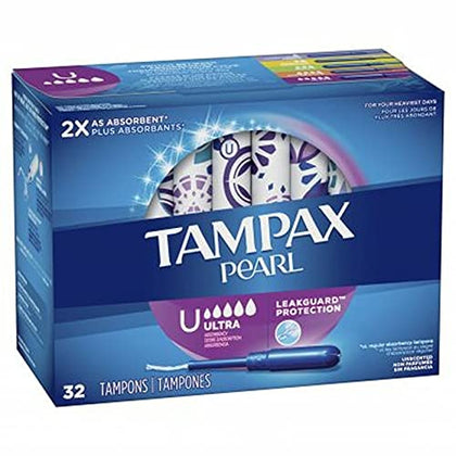 Tampax Pearl Tampons Ultra Absorbency with Leakguard Braid, Unscented, 32Count