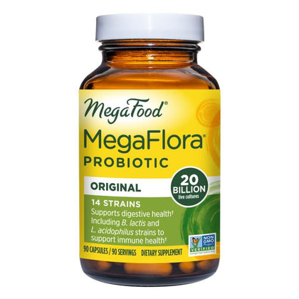 MegaFood MegaFlora Probiotic - Probiotics for Women & Men - Probiotics for Digestive Health & Immune Support - 20 Billion CFU - 14 Strains - Non-GMO - Vegan - Made Without 9 Food Allergens - 90 Caps