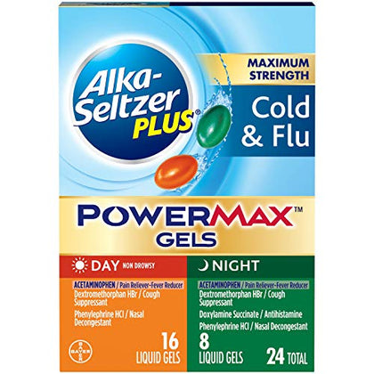 Alka-Seltzer Plus Power Max Cold and Flu Medicine, Day+Night, - Maximum Strength (Per 4 Hour Dose) Relief Cold and Flu Medicine for Adults and Children 12 Years and Older, 24 Count, Packaging May Vary