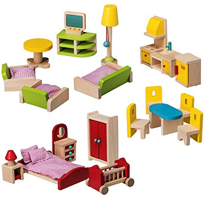 Wooden Dollhouse Furniture Set - 27 Piece Kit - Living Room, Bedroom and Kitchen Accessories, 100% Natural Wood, Nontoxic Paint, Smooth Edges