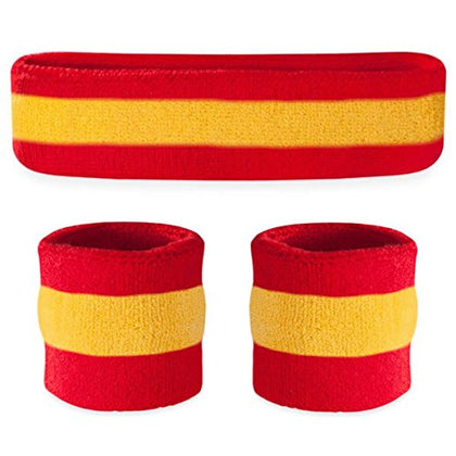 Suddora Striped Sweatband Set, Moisture Wicking 2 Wristbands and 1 Headband, Breathable Athletic Sweat Bands for Sports, Costumes & Cosplay, Matching Bands to Wear with Jersey, Red Yellow Red