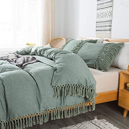Brandream Softta Sage Green Boho Bedding Tassel Duvet Cover Fringed Queen 3 Pcs 100% Washed Cotton Teen Baby Vintage and Elegant Ruffle Duvet Covers