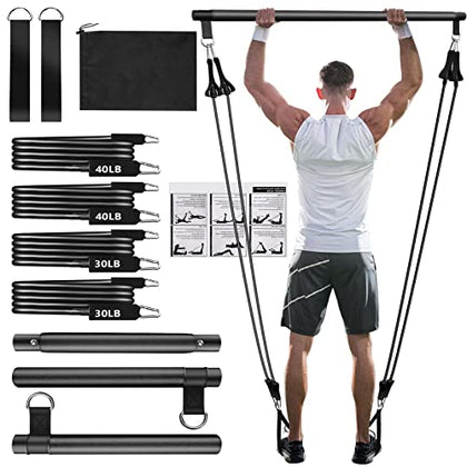 Pilates Bar Kit with Resistance Bands(4 x Bands),3-Section Stackable Bands Workout Equipment for Legs,Hip,Waist and Arm (Black(30lbs,4lbs))