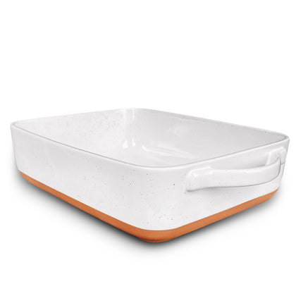 Mora Ceramic Baking Dish with Handles For Casserole, Lasagna, Gratin, Broiling, Roasting, and Baking. Large 9x13 in Pan, Extra Deep - Porcelain Serving Bakeware from Oven to Table. Freezer Safe - White