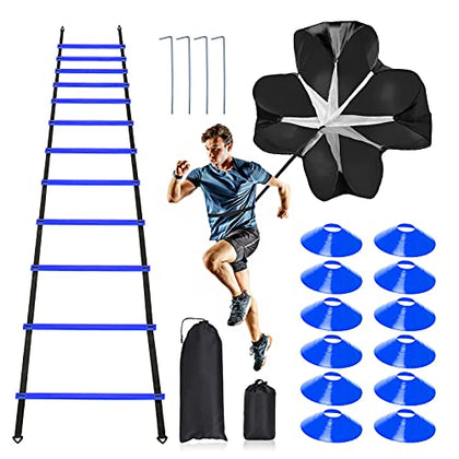 Pro Speed & Agility Training Set-Includes 12 Rung 20ft Adjustable Agility Ladder with Carrying Bag, 12 Disc Cones, 4 Steel Stakes, 1 Resistance Parachute, Use Equipment to Improve Footwork Any Sport