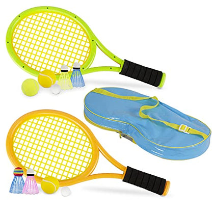 Kids Tennis Rackets with Carrying Bag,Soft Training Balls and Badminton Birdies,12 in 1 Tennis Racquets Gift Set for Children Outdoor Indoor Sports (Green+Yellow,Plastic,17inch)