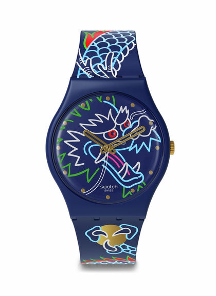 Swatch Unisex Casual Blue Bio-Sourced Quartz Watch Dragon in Waves