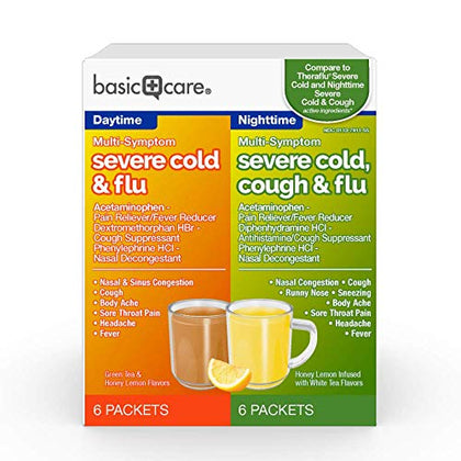 Amazon Basic Care Severe Cold, Cough and Flu Medicine Powder Packets, Daytime and Nighttime Multi-Symptom Relief Combination Pack, Green Tea & Honey Lemon, 12 Count