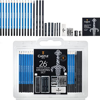 Castle Art Supplies 26 Piece Drawing and Sketching Art Set: Perfect for Beginners, Kids or Any Aspiring Artist - Includes Graphite Pencils and Sticks, Charcoal Pencils, Erasers and Sharpeners, Adult
