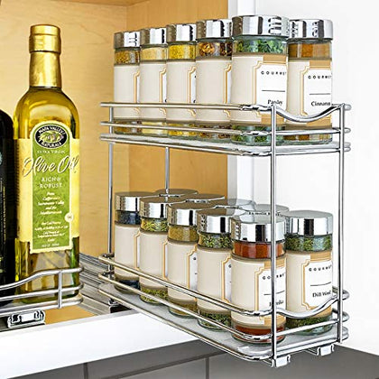 LYNK PROFESSIONAL® Pull Out Spice Rack Organizer for Cabinet - 4-1/4 inch Wide - Slide Out Rack - Lifetime Limited Warranty - Sliding Spice Organizer Shelf - 2 Tier, Chrome