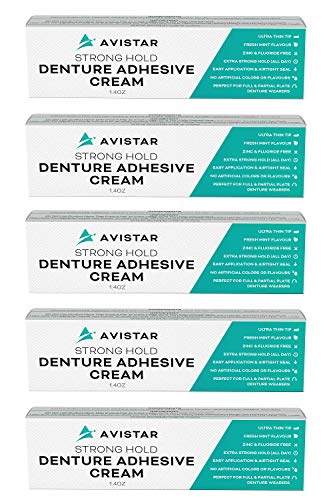 Extra Strong Denture Adhesive Cream, 12 Hour Hold Dental Glue, Waterproof, Zinc & Fluoride Free, Easy Apply Nozzle, Seals Food Out for Comfort, Mint Flavor (5 Pack, 7 Fl Oz)