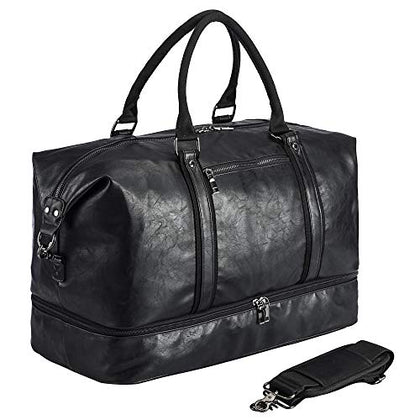 Leather Travel Bag with Shoe Pouch,Weekender Overnight Bag Waterproof Large Carry On Bag Travel Tote Duffel Bag for Men or Women