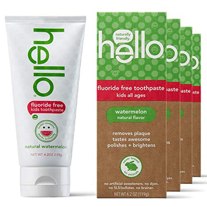 Hello Natural Watermelon Flavor Kids Fluoride Free Toothpaste, Vegan, SLS Free, Gluten Free, Safe to Swallow for Baby and Toddlers, 4.2 Ounce (Pack of 4))