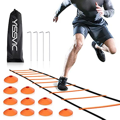 YISSVIC Agility Ladder and Cones 20 Feet 12 Adjustable Rungs Fitness Speed Training Equipment (20 feet, Light Orange)