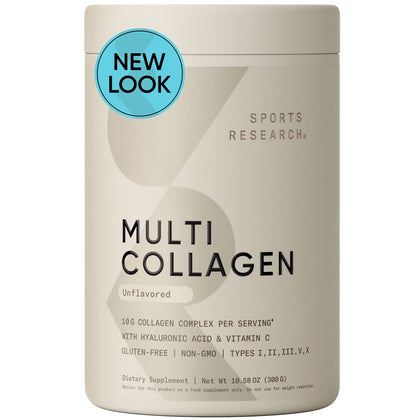 Sports Research Multi Collagen Protein Powder (Type I, II, III, V, X) with Hyaluronic Acid + Vitamin C | 5 Types of Food Based Collagen, 30 Servings (Unflavored)