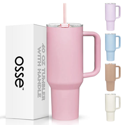 osse 40oz Tumbler with Handle and Straw Lid | Double Wall Vacuum Reusable Stainless Steel Insulated Water Bottle Travel Mug Cup | Modern Insulated Tumblers Cupholder Friendly (Pink Dusk)