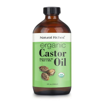 Natural Riches Organic Castor Oil Cold pressed Glass Bottle USDA certified for Dry Skin Hair Loss Dandruff Thicker Hair - Moisturizes heals Scalp Skin Hair growth Thicker Eyelashes Eyebrows 8 fl oz