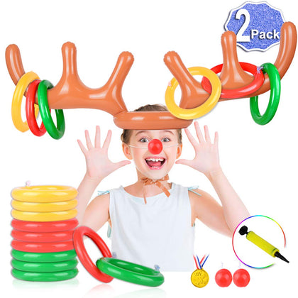 2 Set Inflatable Reindeer Antler Game (2 Reindeer Antler Hat with 12 Ring Toss, 2 Red Reindeer Nose, 1 Medal and 1 Hand-held Pump) Great Family Christmas Party Games