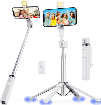 Ambertronix 40 Selfie Stick Tripod Quadrapod, Onboard Light, Wireless Bluetooth Remote, Extendable, Stainless Steel, 3 Light Modes, 9 Brightness Levels, Compatible with All iPhone & Android Devices