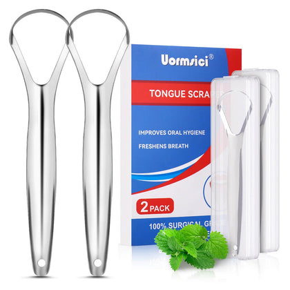 Uormsici 2 Pack Tongue Scraper, Metal Tongue Scraper for Adults, 100% 304 Stainless Steel Tongue Scraper with Case, Professional Tongue Cleaner for Fresh Breath & Oral Care