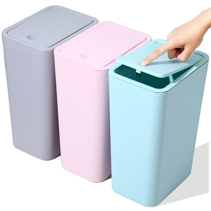 SHPMXUPW 3 Pack Bathroom Small Trash Can with Lid,10L / 2.6 Gallon Slim Garbage Bin Wastebasket with Pop-Up Lid for Bedroom, Office, Kitchen, Craft Room, Fits Under Desk/Cabinet/Sink