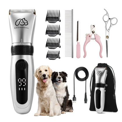 GTS Pet Clippers Professional Dog Grooming kit Adjustable Low Noise High Power Rechargeable Cordless Pet Grooming Tools, Hair Trimmers for Dogs and Cats, Washable?IPX5, with LED Display.