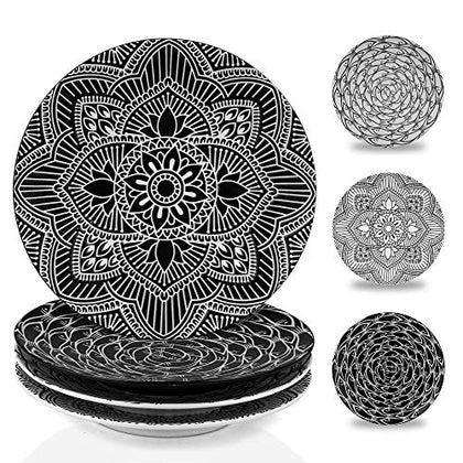 MARSTRACE 8.25 Inch Ceramic Salad Plates,Black and White Plates Porcelain Dinner Plates with Floral Pattern for Desserts Sandwiches Serving,Set of 4,Microwave Dishwasher Safe