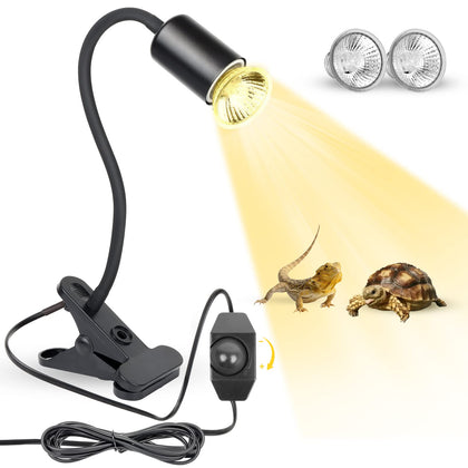 Reptile Heat Lamp, Clip on Heat Lamp for Hermit Crab, Snake, Lizard, Tortoise and Aquatic Turtle Basking Light with Clamp, UV Tank Lamp for Bird, Small Animal & Terrarium, with Dimmer & 2 Bulbs 50W