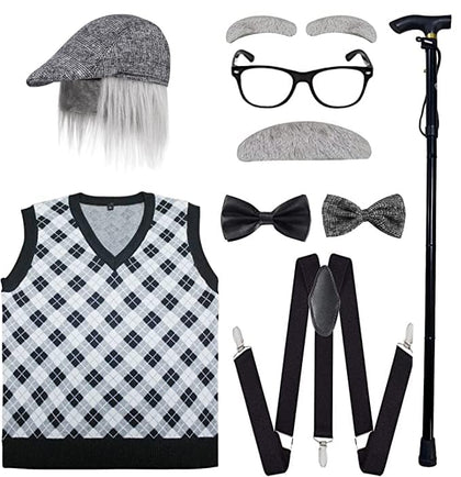 ATTBEA Old Man Costume for Kids 100 Days of School Costume for Unisex with Old Man Hat, Old Person Glasses, Costume Cane Grandpa Vest