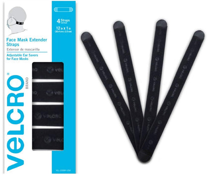 VELCRO Brand Face Mask Extender includes 4 Black Straps, 12 x 1 Comfortable and Adjustable Ear Savers, VEL-30084-USA