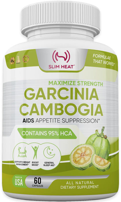 Slim Heat 100% Pure Garcinia Cambogia Extract with 95% HCA - Manage Food Cravings - Best Carb Blocker for Women & Men - Max Strength Garcinia Cambogia Raw Diet Pills Made in USA - 60 Veggie Capsules
