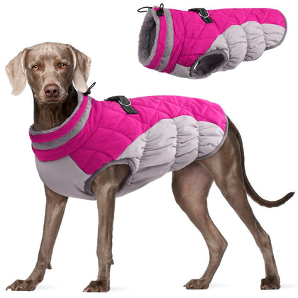 FUAMEY Dog Coat,Warm Dog Jacket Winter Coat Paded Dog Fleece Vest Reflective Dog Cold Weather Coats with Built in Harness Waterproof Windproof Dog Snow Jacket Clothes with Zipper Rose Red X-Large