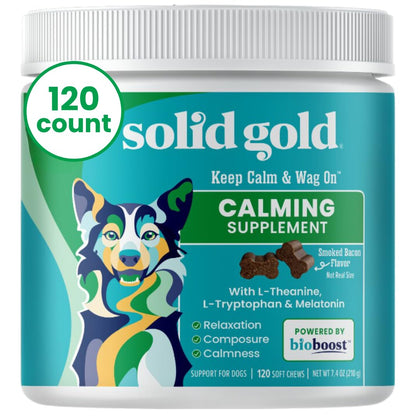 Solid Gold Calming Chews for Dogs - Soothing Snacks for Stress & Dog Anxiety Relief - Melatonin & Valerian Root - Dog Treats for Separation Anxiety Relief & Fireworks for All Breeds & Sizes - 120 Ct