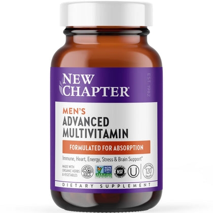 New Chapter Men's Multivitamin Advanced Formula for Stress, Brain, Immune, Heart & Energy Support, Higher Levels of Whole-Food Fermented Essential Nutrients for Men + Selenium + B Vitamins, 120 ct