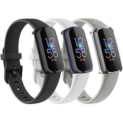 3 Pack Bands for Fitbit Luxe Bands with Screen Protector Case, Soft Silicone Sport Replacement Wristbands Strap for Fitbit Luxe Women (Large, Black+White+Gray)