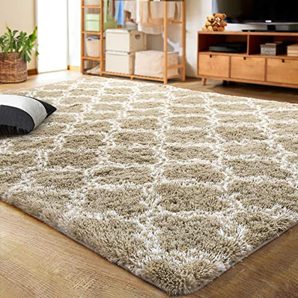 LOCHAS Luxury Shag Area Rug 3x5 Feet Geometric Plush Fluffy Rugs, Extra Soft and Comfy Carpet, Moroccan Rugs for Bedroom Living Room Dorm Nursery Kids Home, Beige/White
