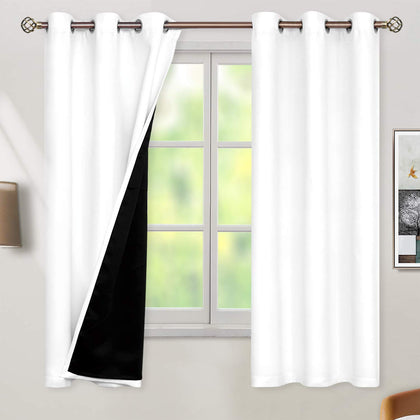 BGment Thermal Insulated 100% Blackout Curtains for Bedroom with Black Liner, Double Layer Full Room Darkening Noise Reducing Grommet Curtain (42 x 63 Inch, Pure White, 2 Panels)