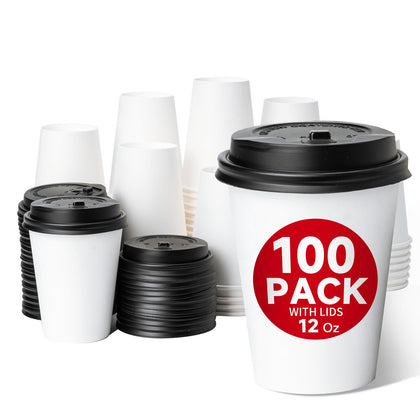 RACETOP [100 Pack] 12 oz Disposable Coffee Cups with Lids, Paper Coffee Cups with Lids 12 oz, Hot Cups for Home/Office