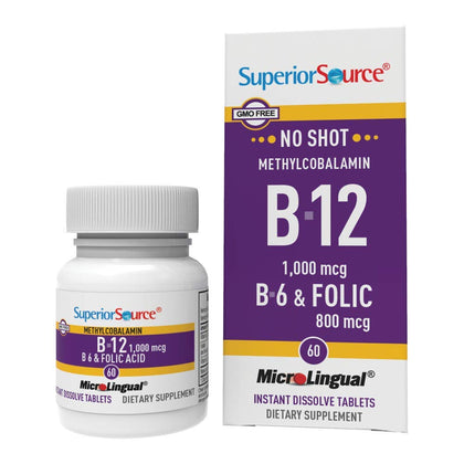 Superior Source No Shot Vitamin B12 Methylcobalamin (1000 mcg), B6, Folic Acid, Quick Dissolve Sublingual Tablets, 60 Ct, Increase Energy, Healthy Heart, Boost Metabolism, Stress Support, Non-GMO