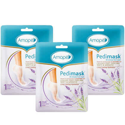 Amope PediMask 20-Minute Foot Mask, Intensely Moisturizing Socks, Rejuvenates & Soothes, Self-Care, w/Lavender Oil, Urea, a Blend of Moisturizers & Vitamin Complex for Long Lasting Hydration, 3 pair