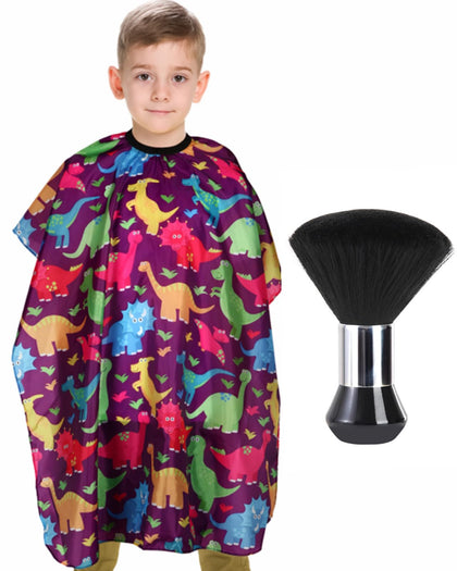 Kids Barber Cape with Neck Duster Brush, Professional Salon Hair Cutting Cape with Adjustable Snap Closure(Cartoon Dinosaur)