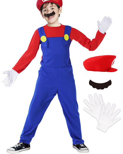 Oskiner Plumber Costume for Kids Boys-Halloween Kids Cosplay Plumber with Accessory