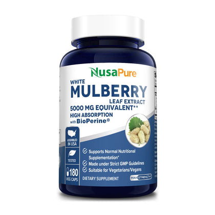NusaPure White Mulberry Leaf Extract 5,000mg 180 Veggie Caps (Vegetarian, with Bioperine)