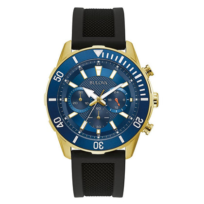 Bulova Men's Classic Chronograph 6 Hand Gold Stainless Steel Watch with Black Silicone Strap, Blue Dial (Model:98A244)