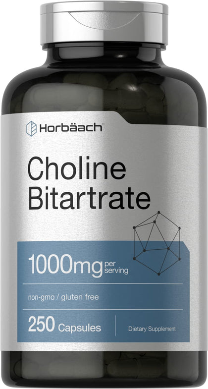 Choline Bitartrate Supplement | 1000mg | 250 Capsules | High Potency | Non-GMO, Gluten Free | by Horbaach