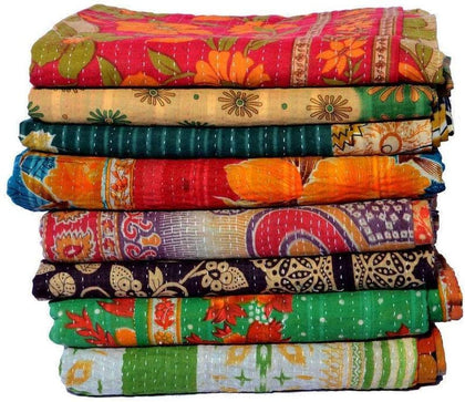 Varprada- 1 Piece Handmade Indian Vintage Kantha Quilts for Sale Throws Bedsheet Reversable Bohemian Home Décor Blanket -Assorted Color Twin Size 85x55 inches