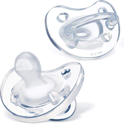 Chicco PhysioForma 100% Soft Silicone One Piece Pacifier for Babies aged 0-6 months | Orthodontic Nipple Supports Breathing | BPA & Latex Free | Reusable Sterilizing Case | Clear, 2pk