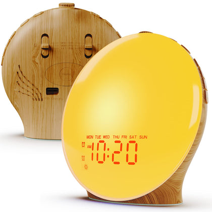 Wake Up Light Sunrise Alarm Clock for Kids, Heavy Sleepers, Bedroom, Full Screen with Sunrise/Sunset Simulation, Fall Asleep, Dual Alarms, FM Radio, Colorful Nihgt Lights, Natural Sounds, Wood Grain