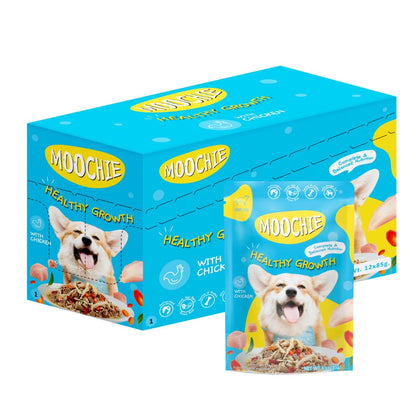 MOOCHIE Healthy Growth Wet Puppy Food - Soft Dog Food - Made with Real Chicken, Vegetables and Rice - No Added Preservatives or Artifical Flavors - 12 x 3 oz Pouch