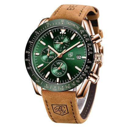 BY BENYAR Men's Watches Analog Quartz Waterproof Watch Sport Leather Watch for Men Fashion Elegant Chronograph Casual Wristwatch?Green?